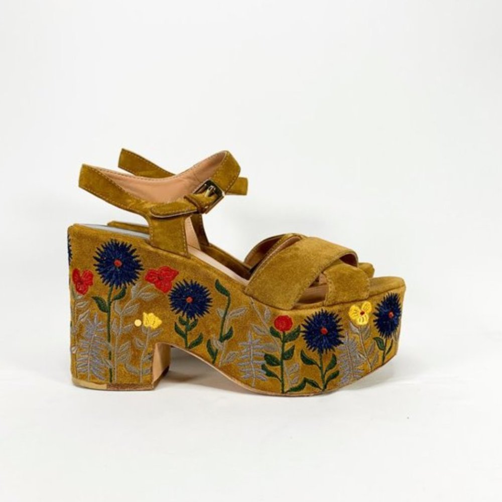 LAURENCE DACADE Helissa Embroidered Floral Platform Sandal Camel Size 38